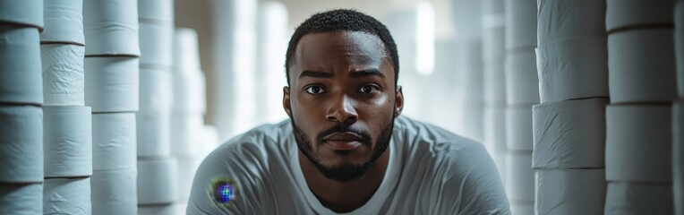 Obraz premium Man hoarding toilet paper rolls with a humorous expression, isolated on a white background