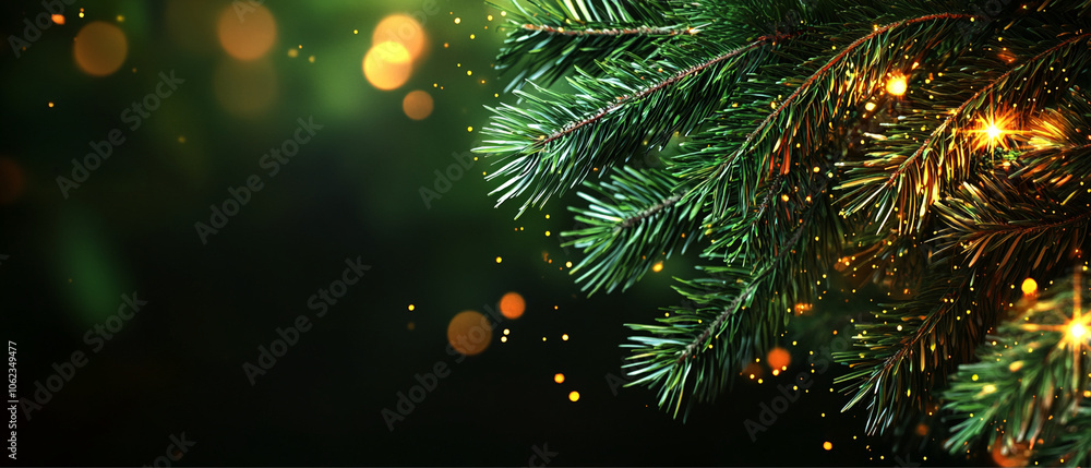 Poster a close-up shot of a pine tree branch with golden lights shining through the evergreen needles