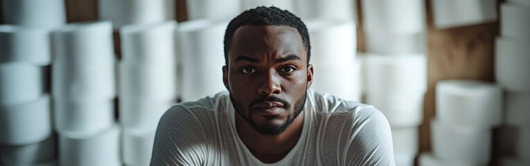 Obraz premium Man hoarding toilet paper rolls with a humorous expression, isolated on a white background