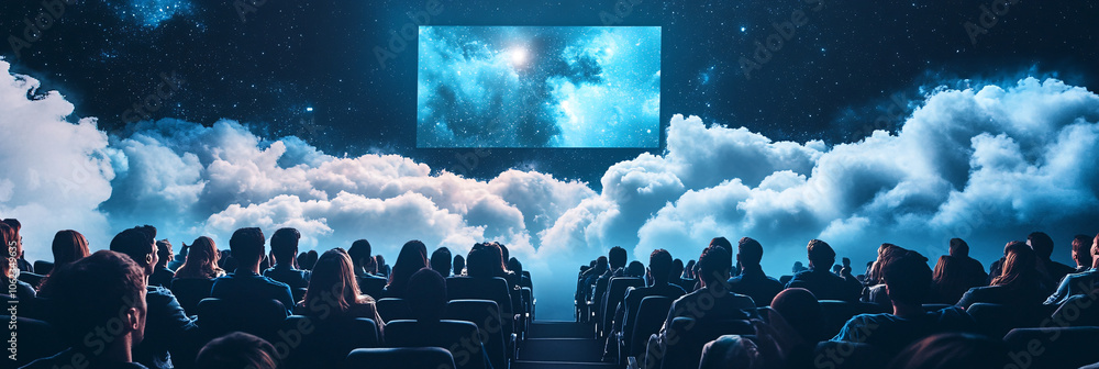 Poster rows of seated attendees floating on clouds, looking toward a giant presentation screen in the sky