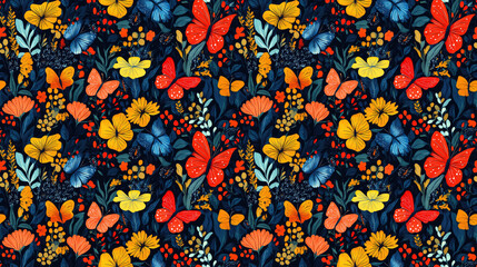 Seamless pattern featuring colorful butterflies dancing among delicate flowers perfect for textile design and home decor