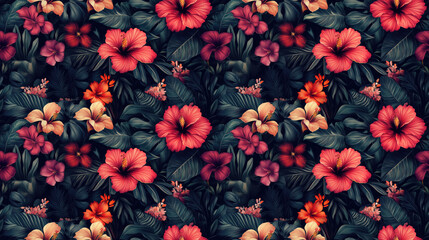 Vibrant seamless pattern featuring hand painted tropical flowers and lush plants including red hibiscus and bird of paradise ideal for fabric and wrapping paper design © NeuralNiche