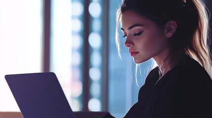 Businesswoman using laptop in data management.with a networked copy space