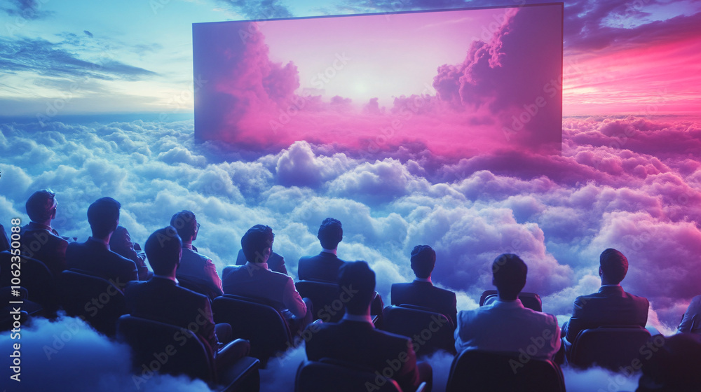 Poster rows of seated attendees floating on clouds, looking toward a giant presentation screen in the sky