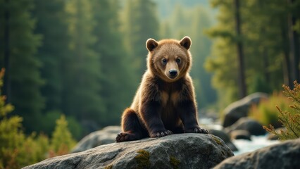 Obraz premium A realistic photograph of a grizzly cub perched on a stone in a verdant forest, with soft natural lighting enhancing its fur texture