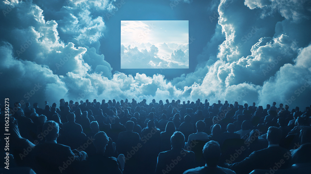 Poster rows of seated attendees floating on clouds, looking toward a giant presentation screen in the sky