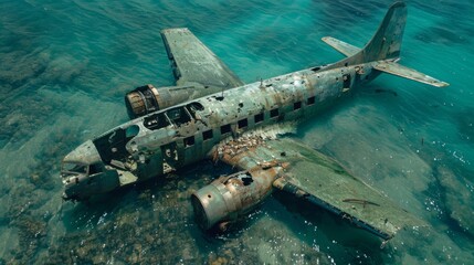 Naklejka premium old downed plane on the seashore