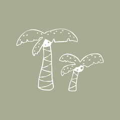 Tropical fantasy palm tree in hand drawn sketch style. Childish simple vector illustration. Black marker isolated on white background. White outline on green olive background.