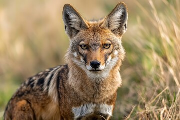 Fototapeta premium Alert jackal in natural habitat with focused gaze and warm light