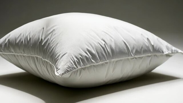 A white pillow sits on a white surface, with a soft, smooth texture