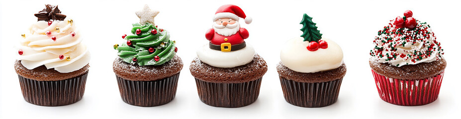 Set of  Christmas-themed cupcakes isolated on a white background