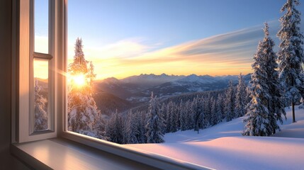 A wooden window reveals a stunning winter landscape at sunrise, showcasing a snow-covered forest...