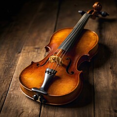 Fototapeta premium Classical Violin and Bow on Rustic Wooden Surface Generative AI