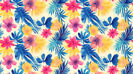 Seamless tropical beach pattern illustrated with vibrant watercolors perfect for fabric or wallpaper design