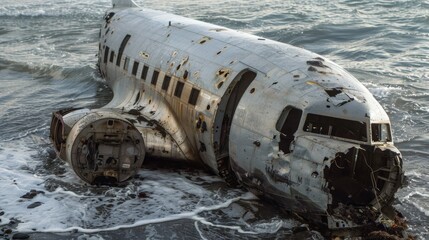 old downed plane on the seashore