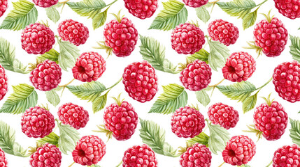 Seamless pattern featuring watercolor juicy raspberries with lush green leaves ideal for postcards and design projects