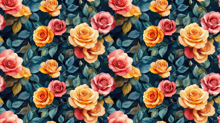 Seamless watercolor floral pattern featuring a vibrant bouquet of tropical roses perfect for wedding invitations