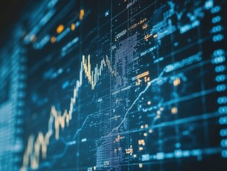 Obraz premium Abstract digital backdrop depicting stock market growth with financial charts and data in a modern, dynamic blue and gold aesthetic.