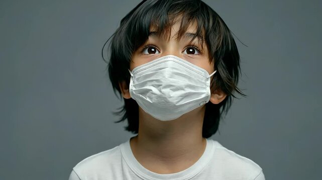 A young boy wearing a face mask looks upwards, against a grey background