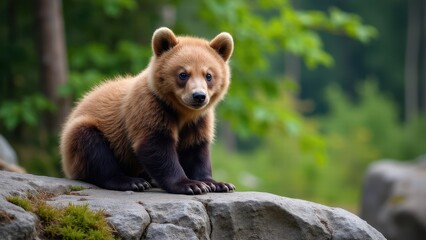 Obraz premium A detailed image of a grizzly cub perched on a rock, illuminated by the warm sunlight filtering through the trees