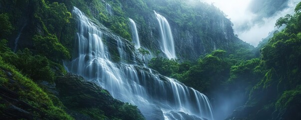 Majestic waterfall cascading down a rugged cliff face, surrounded by lush greenery and mist
