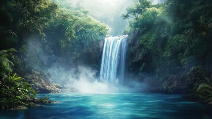 Majestic waterfall plunging into a deep blue pool, surrounded by lush tropical vegetation and mist rising from the water