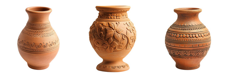 Set of beautifully crafted antique clay vase isolated on a transparent background