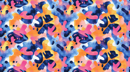 Fototapeta premium Vibrant seamless watercolor camouflage pattern featuring hand drawn abstract psychedelic designs for modern fabric and wallpaper applications swimwear sportswear