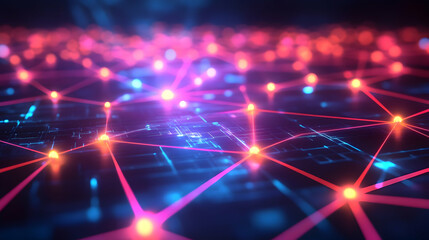 Obraz premium A colorful depiction of a digital grid with interconnected nodes glowing in pink and orange, symbolizing advanced networking and AI systems.