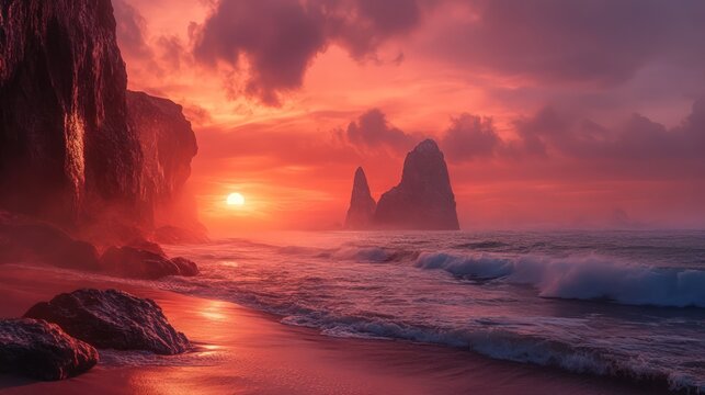 Misty coastal landscape with rocky cliffs and soft waves rolling in under a brilliant orange and pink sunset