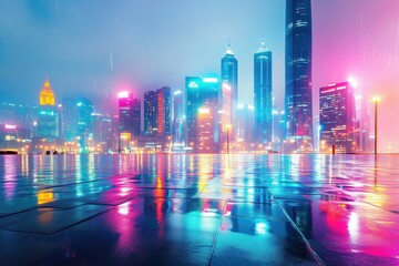 Obraz premium Vibrant city skyline at dusk with glowing skyscrapers and neon lights