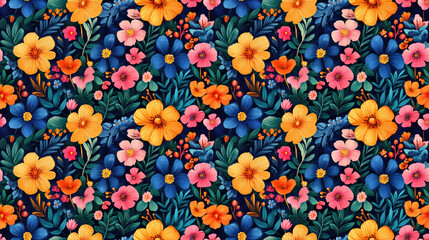 Fototapeta premium Floral watercolor seamless pattern with vibrant blooms and greens perfect for textile design and home decor