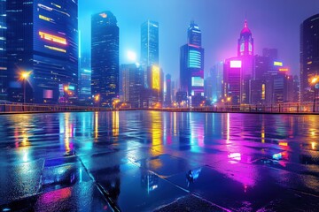 Obraz premium City at dusk with skyscrapers glowing in bold neon lights