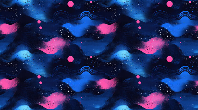 Seamless pattern featuring dark ocean hues with hand drawn vaporwave elements and vintage sapphire paint spots ideal for textile design backgrounds or digital art