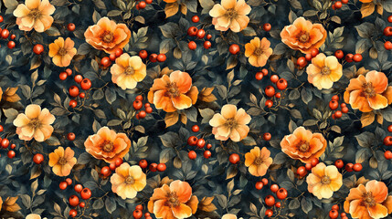 Fototapeta premium Seamless watercolor pattern featuring vibrant flowers and rose hips perfect for fabric and stationery design