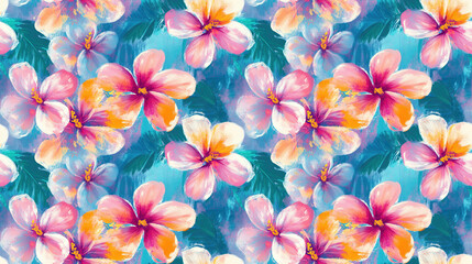 Fototapeta premium Vibrant tropical flower seamless pattern perfect for summer fabrics hand drawn acrylic painting