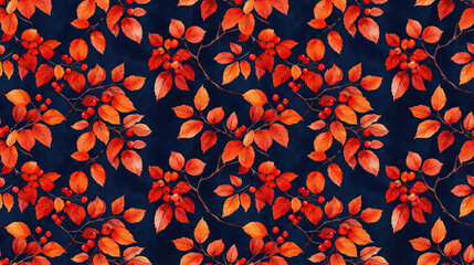 Seamless pattern of hand drawn rowan branches with vibrant red leaves on a deep blue background perfect for bed linen and kitchen towels fabric printing