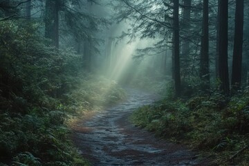 Misty forest trail at dawn, with rays sunlight filtering through the dense trees and illuminating the dewy ground