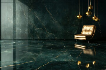 A dark marble floor with deep green and gold tones, matched with a sleek leather lounge chair and gold pendant lights.