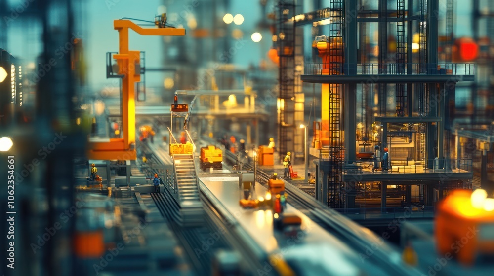 Poster industrial engineers constructing infrastructure in modern manufacturing setting