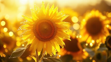 Fototapeta premium A single sunflower with dew drops in a field of sunflowers at sunset.