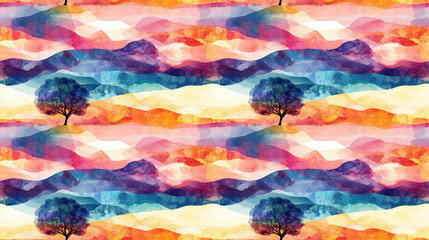 Naklejka premium Seamless pattern of abstract colorful shapes overlaying a tranquil tree and field landscape at sunrise in watercolor style