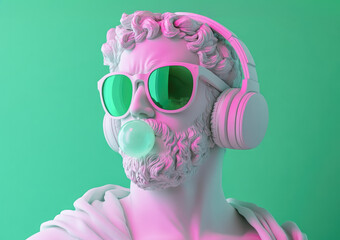 Modernized greek statue with headphones, green sunglasses, and bubblegum on a vibrant background. 