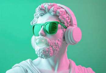 Modernized greek statue with headphones, green sunglasses, and bubblegum on a vibrant background. 