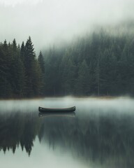 Misty lake surrounded by evergreen trees, with a lone canoe drifting quietly on the glassy surface