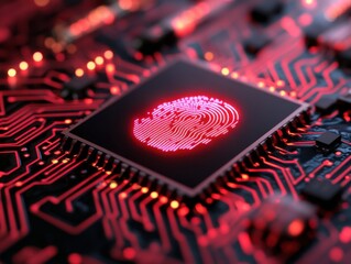 A glowing red fingerprint on a microchip symbolizes digital security and protection of personal data in a futuristic, high-tech setting.