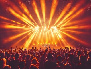 A vibrant concert scene with glowing stage lights illuminating cheering rock fans, creating an electrifying atmosphere of excitement and energy.