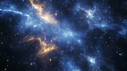 Naklejka premium A cosmic depiction of a galaxy, featuring vibrant golden and blue nebulae amidst a field of stars, evoking the vastness of the universe.