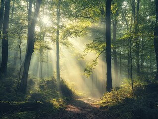 Naklejka premium Misty morning in a dense forest, with sunlight filtering through the trees and illuminating the dewy ground