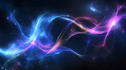 A sleek and futuristic cosmic scene showcasing intertwining streaks of colorful lights in purple, blue, and gold, glowing against a dark backdrop.

